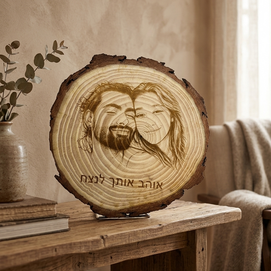 תמונה חרוטה בפרוסת עץ טבעית